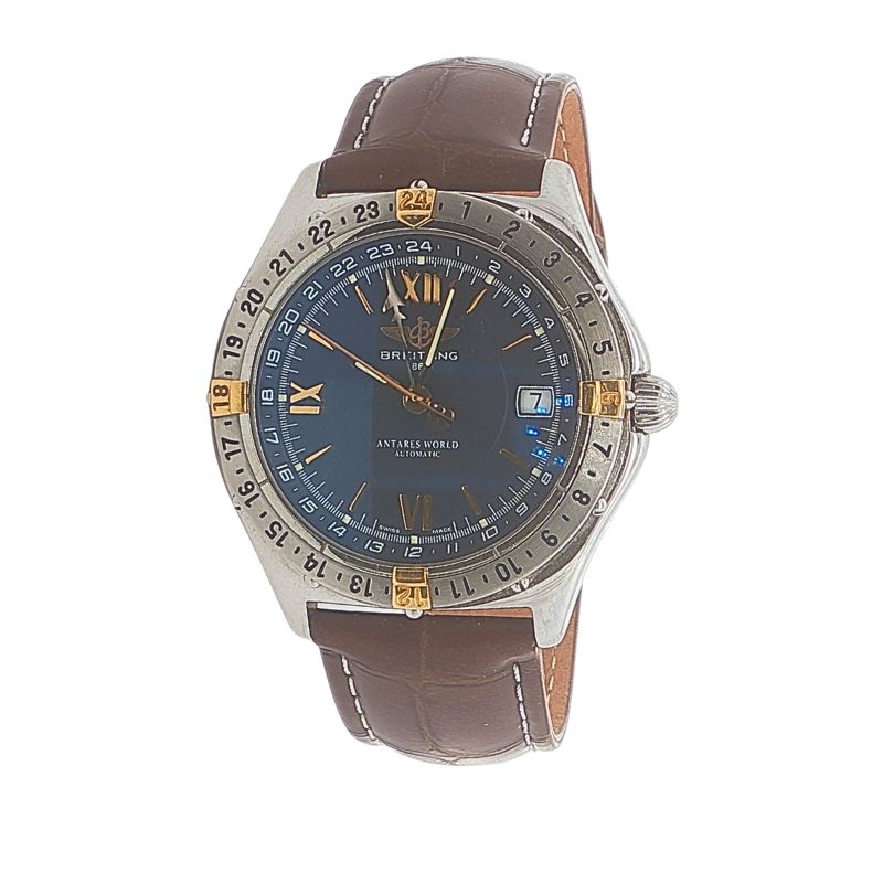 Breitling Antares World B32047. Blue Dial on Brown Strap. 38mm Full Papers