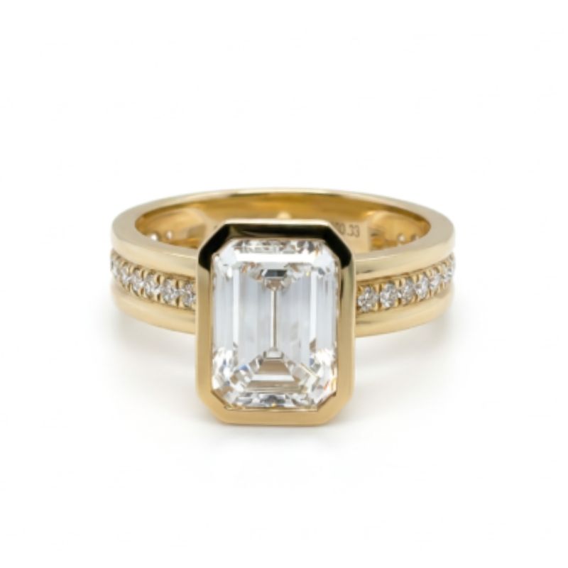 3.00ct Bezel Set Emerlad Cut With Center Row Diamond Engagement, 14kt Yellow