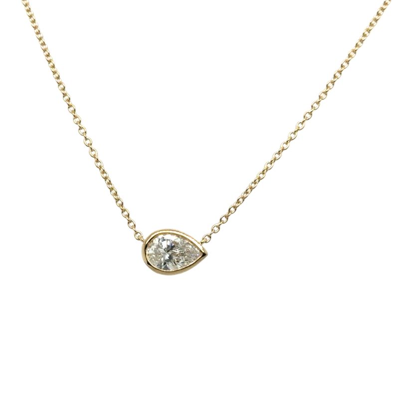 Sideways Pear Shape Bezel Set Solitaire on Chain, 14kt Yellow