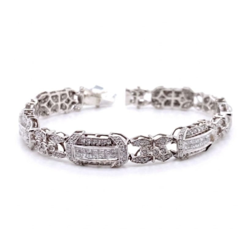 5.00ct Invisiple Set Princess and Round Pave Diamond Bracelet, 14kt White Gold