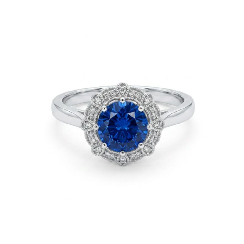 2.50ct Blue Sapphire with White Sapphire Floral Halo, 10kt White