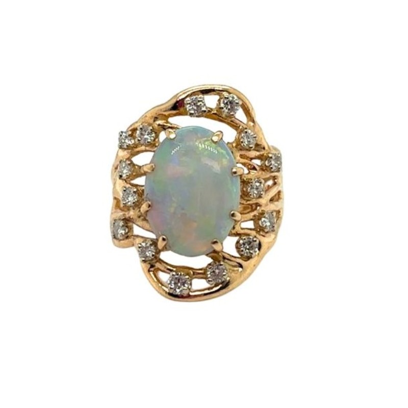Vintage Honeycomb Ring with 14mm Austrailian Opal and 0.65ctw Diamond