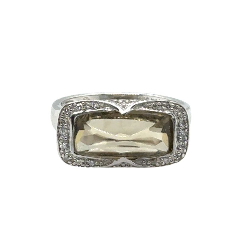 Vintage Elongated Green Quartz 13x6mm Ring with Diamonds, 14kt WHite