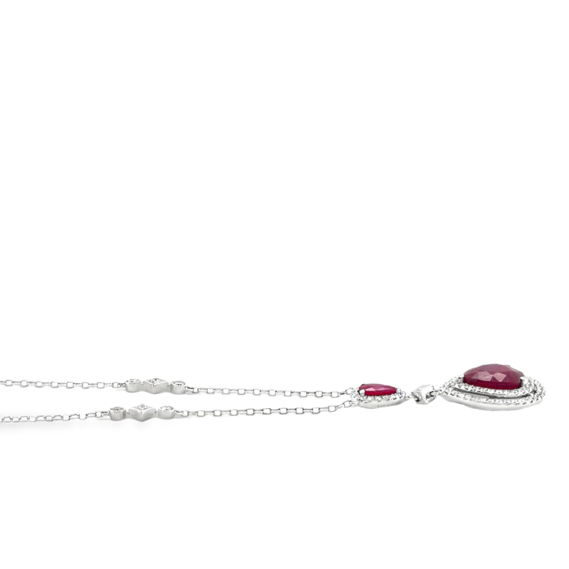 5.00ctw Double Tear Drop Ruby and Diamond Pendant on Chain, 18kt White - Image 2