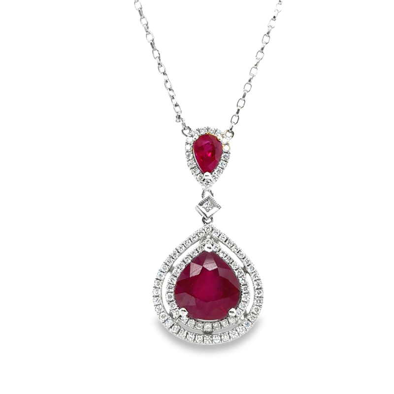 5.00ctw Double Tear Drop Ruby and Diamond Pendant on Chain, 18kt White - Image 3