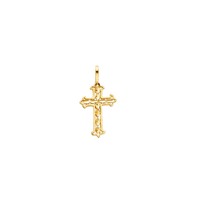 Small Diamond Cut Fleur Cross, 14kt Yellow