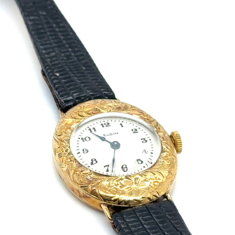 Vintage Lady Elgin Oval Floral Case on Black Lizard Strap, 14kt Yellow - Image 3