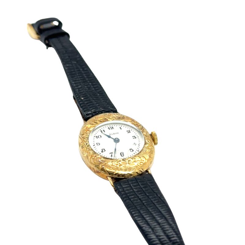 Vintage Lady Elgin Oval Floral Case on Black Lizard Strap, 14kt Yellow - Image 4