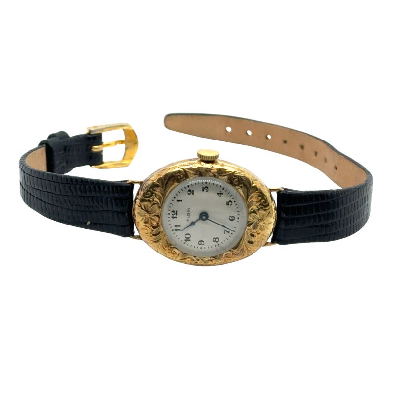 Vintage Lady Elgin Oval Floral Case on Black Lizard Strap, 14kt Yellow