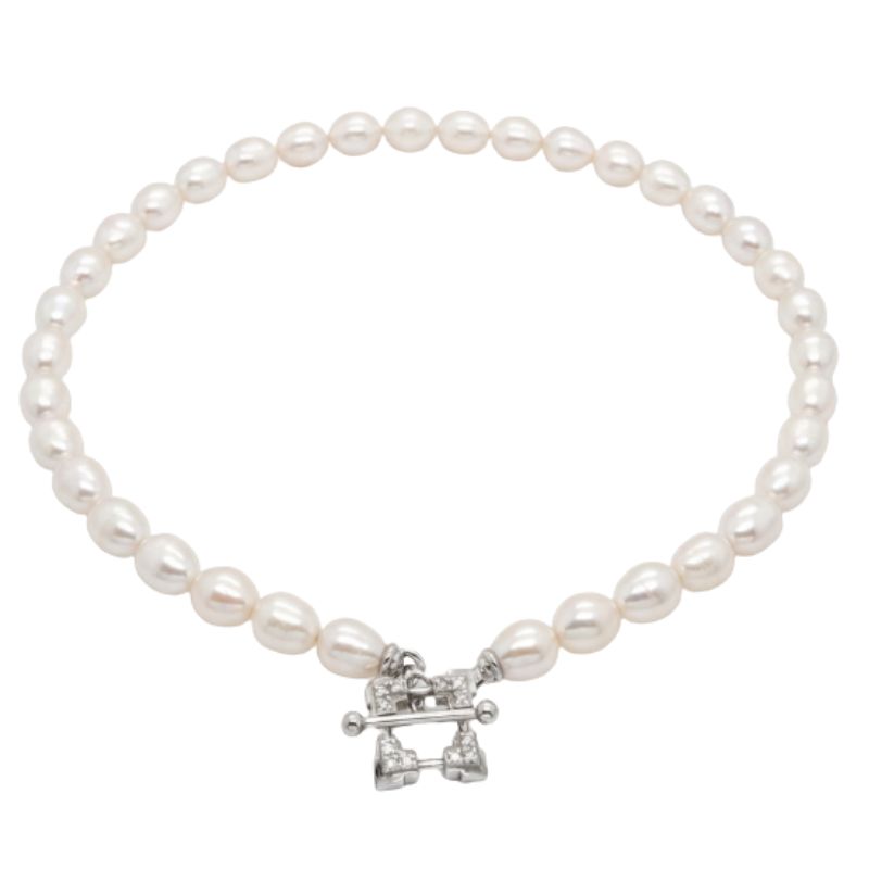 Michael Dawkins Sterling Silver Cultured Pearl Necklace Toggle Closer with Diamonds - Image 2