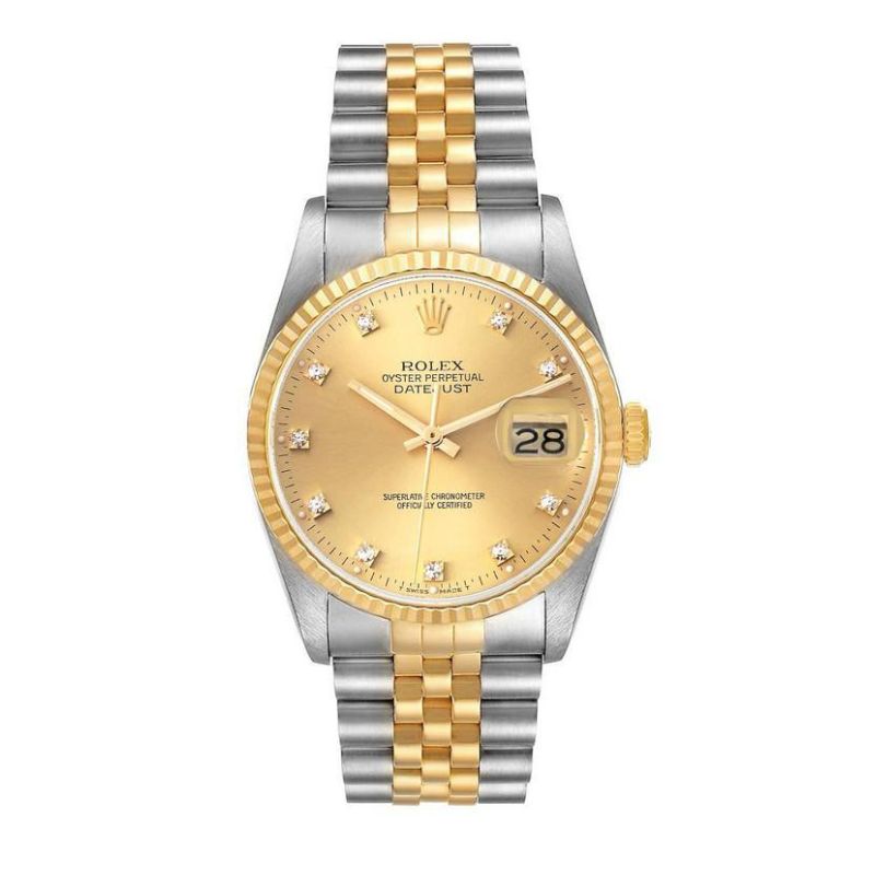 Rolex Datejust 36, Ref #16233.  Factory Champagne Diamond Dial.  Box and Papers